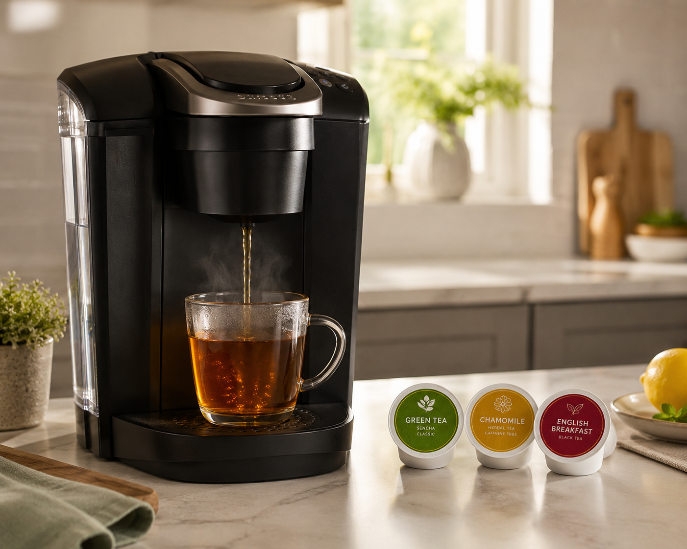A K-Cup compatible brewing machine with Ceylon tea capsules: green tea, chamomile and English breakfast